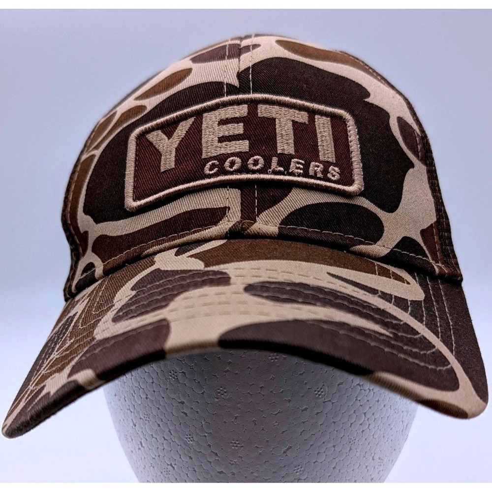 YETI Coolers Camo Trucker Hat Brown Tan Mesh Snapback Cap Outdoor Camouflage